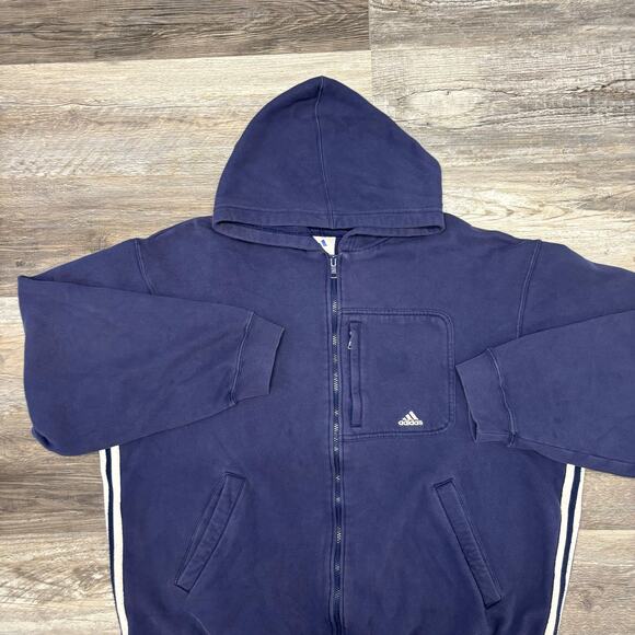Vintage 90s Adidas Navy White Mens XL Full Zip 3-Stripes Hoodie Jacket Retro - Picture 1 of 8